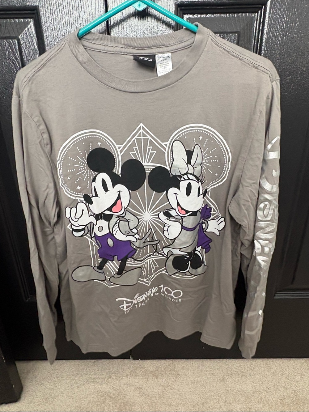 Disney Gray Long-Sleeve Tee with Mickey & Minnie Graphic.
